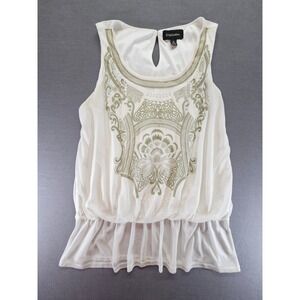 G Collection White Sleeveless Embroidered Blouson Peplum Top Olive Green M